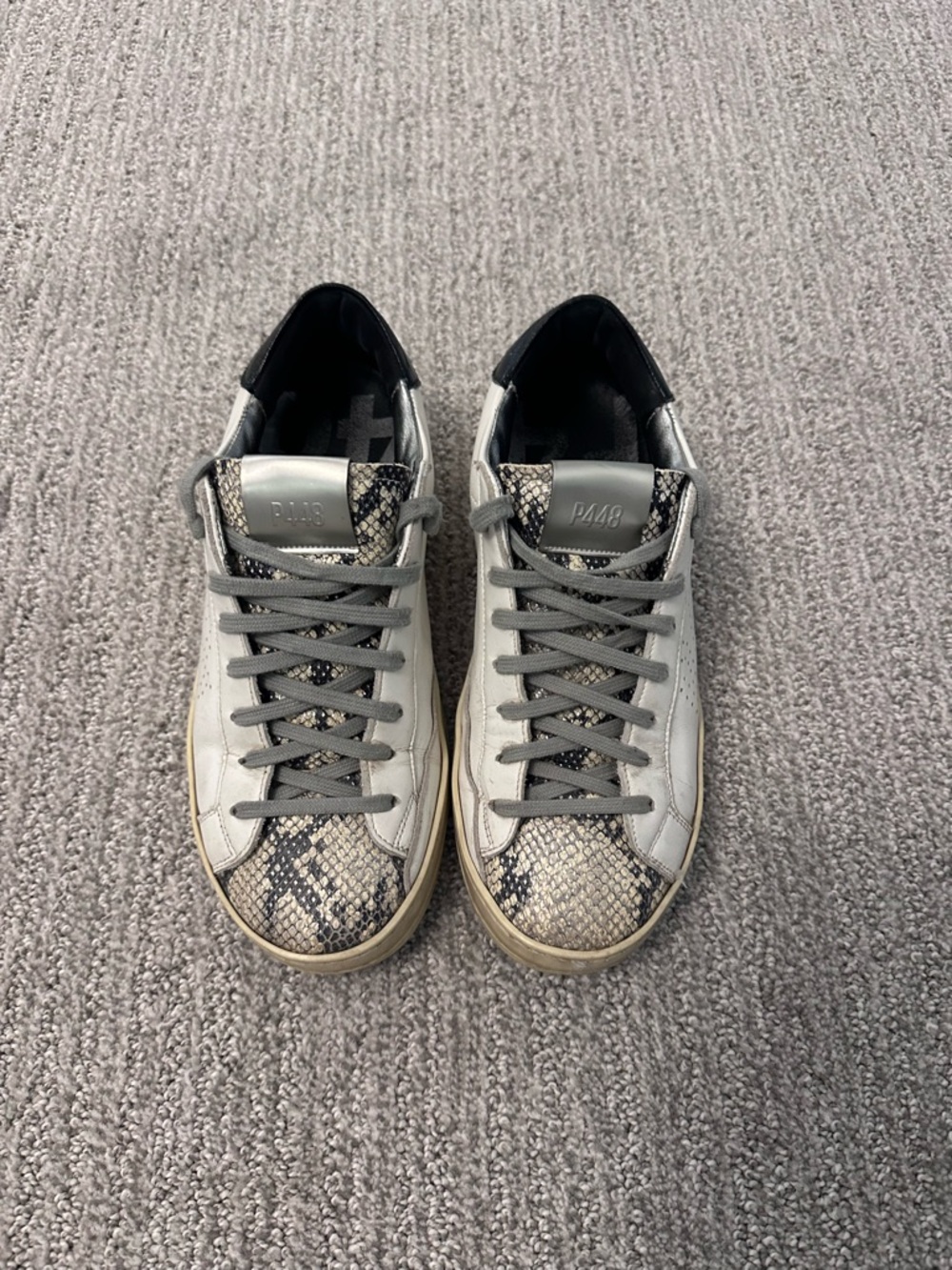 P448 Women’s Grey Leather Sneakers with Snakeskin Accent
